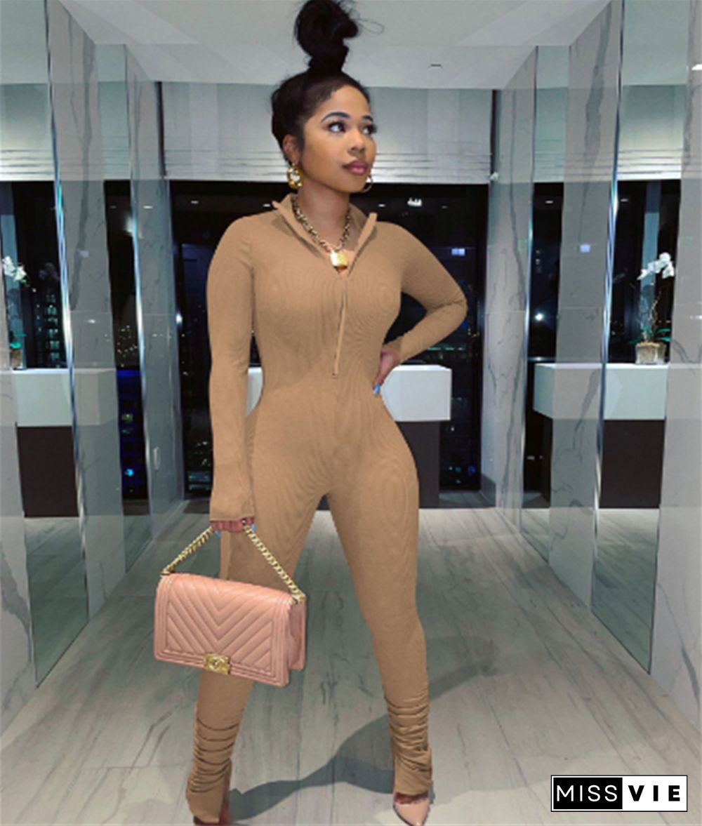 Solid Color High Stretch Zipper Bodycon Jumpsuit