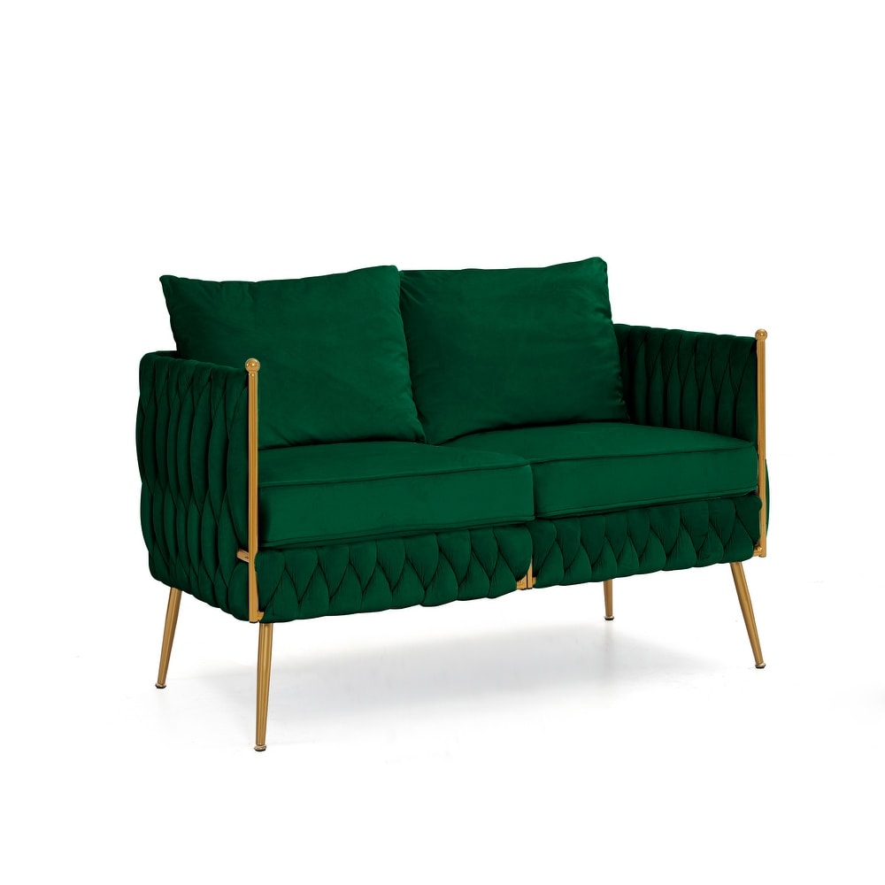 2pcs Loveseat Sofa Sets  Living Room Woven Double Chair Sofa Velvet Accent Armchair Loveseat with Thick Back  Metal Legs  Green