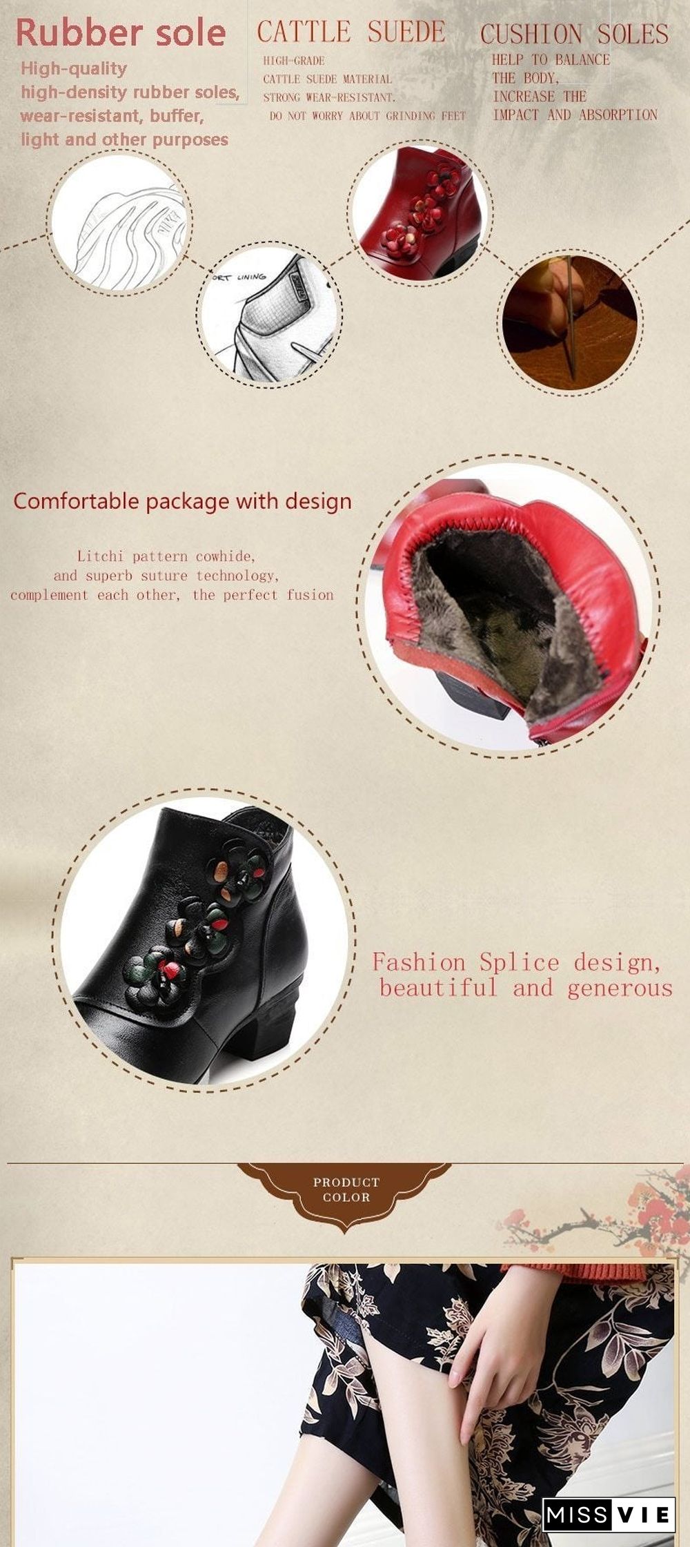 Cow Genuine Leather Winter Boots Soft Flower Comfortable Warm Spare Heel Ankle Boots