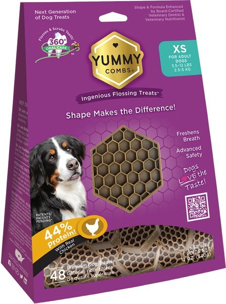 Yummy Combs Ingenious Oral Care Flossing X-Small Breed Grain-Free Adult Dog Treats， 48 count