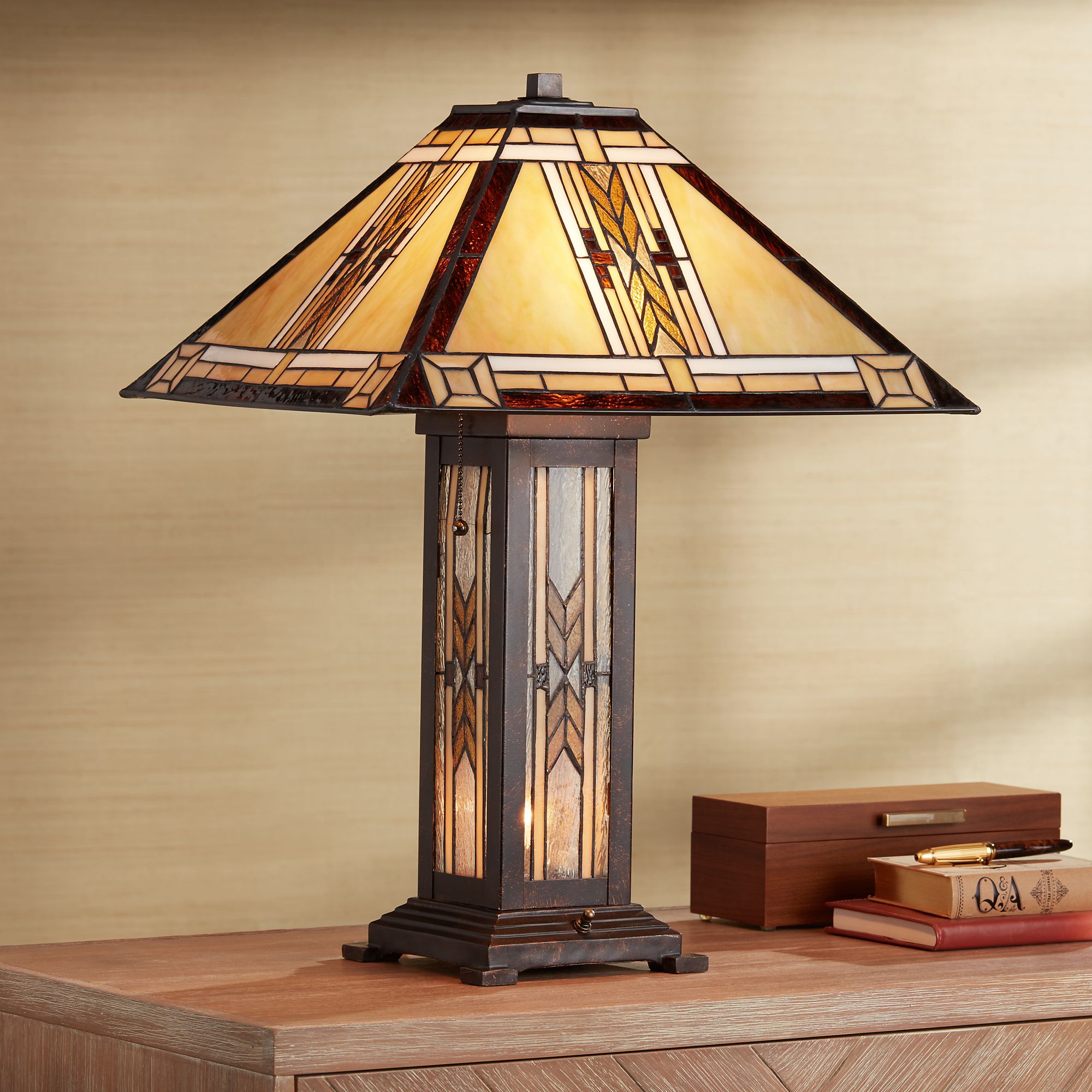 Franklin Iron Works Tiffany Style Table Lamp with Nightlight Mission 25.5" High Bronze Stained Glass for Living Room Family Bedroom (Color May Vary)