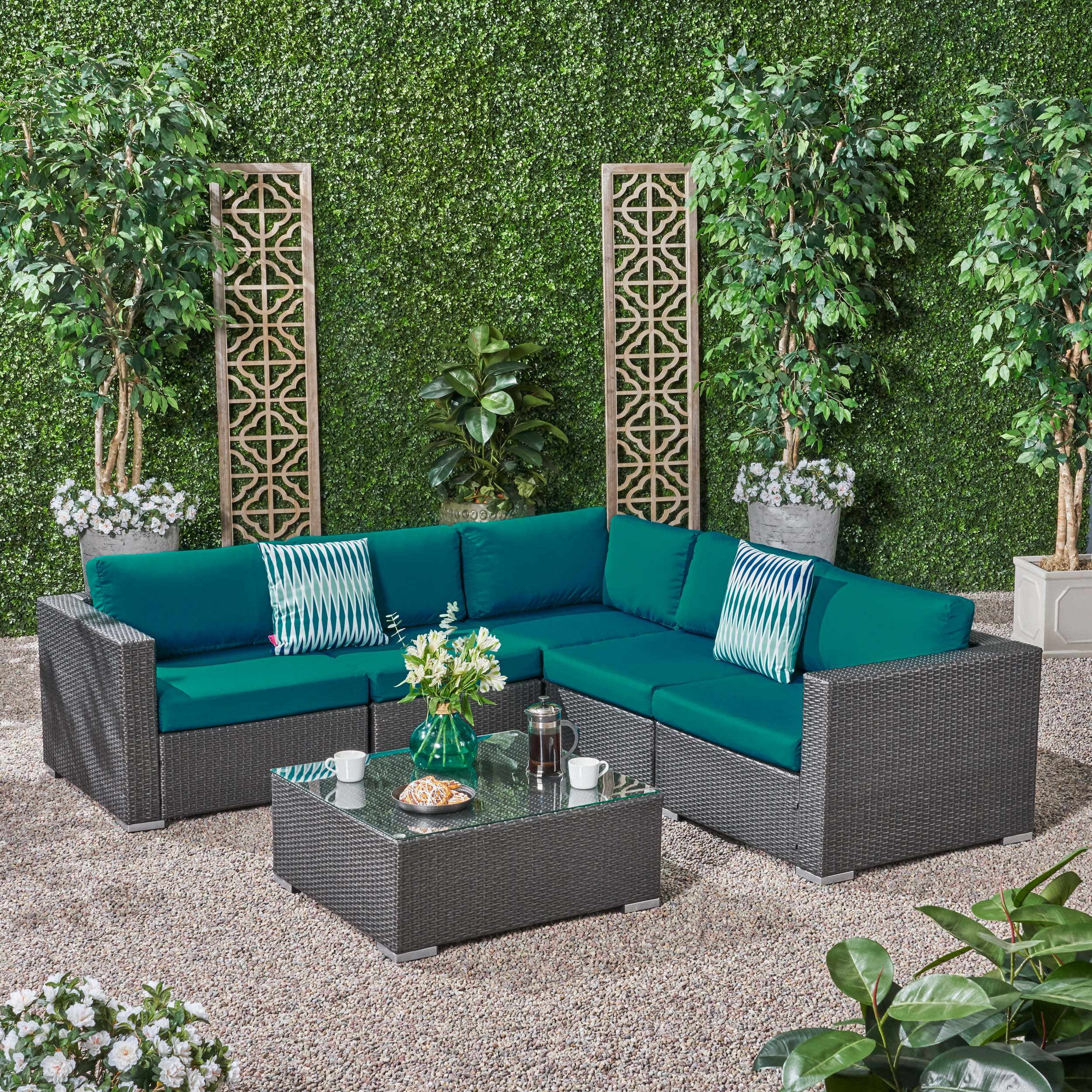 Kyra Outdoor 5 Seater Wicker Sectional Sofa Set with Sunbrella Cushions