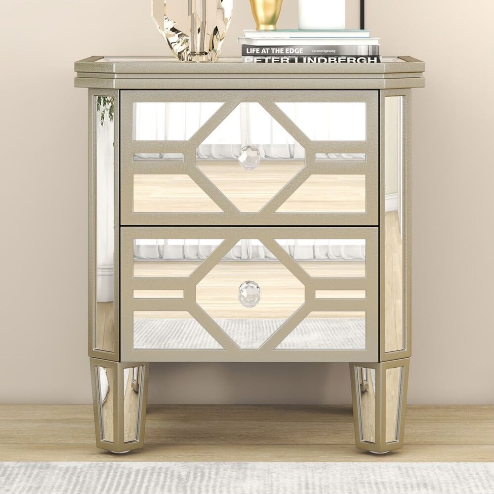 Silver Elegant Mirrored 2 Drawer Side Table with Golden Lines