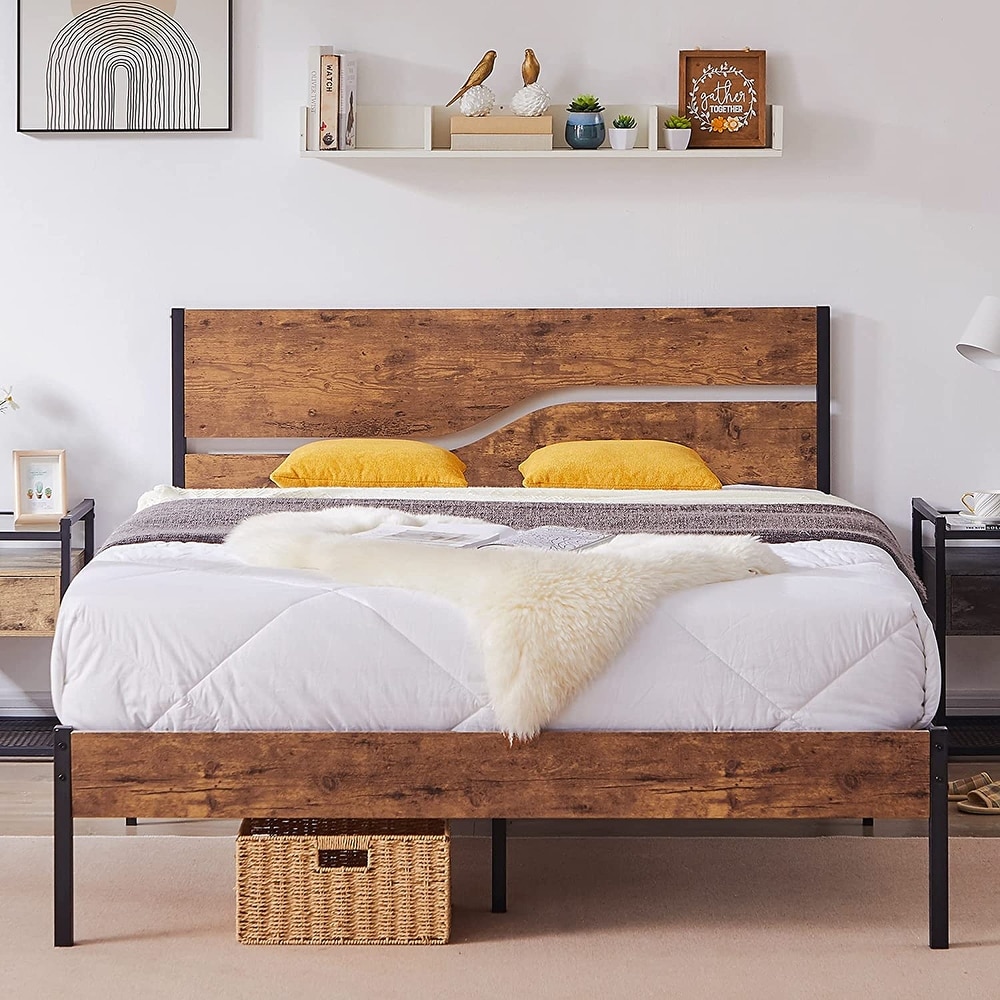 Javlergo Metal Platform Bed Frame with Wooden Headboard and Footboard  Industrial Metal Bedframe No Box Spring Needed