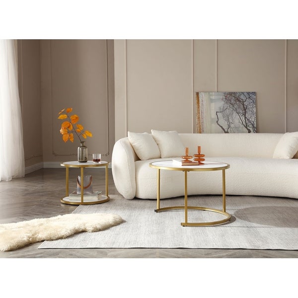 Marble Pattern MDF Top with Metal Frame Nesting Coffee Table Set Of 2， Elegant and Beautiful， Nesting Tables