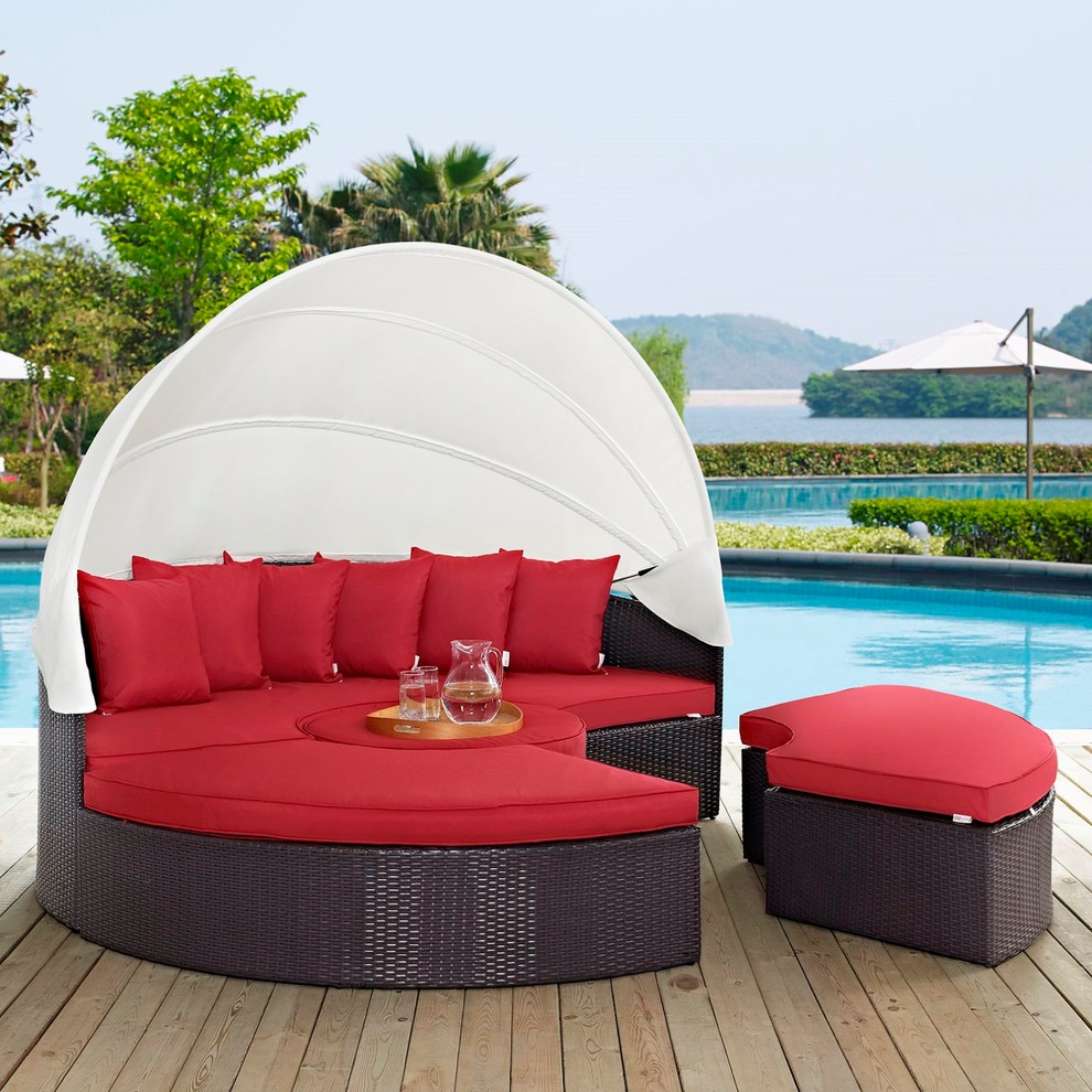 Modern Contemporary Outdoor Patio Canopy Umbrella Daybed Sofa  Brown  Rattan   Tropical   Outdoor Lounge Sets   by House Bound  Houzz