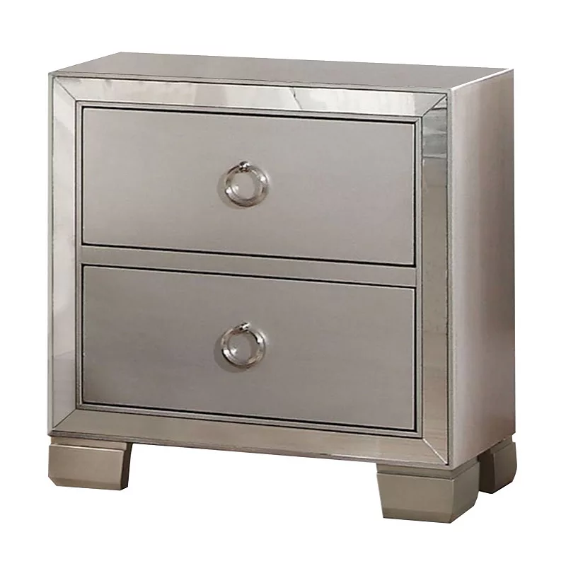 Two Drawer Nightstand With Mirror Insert Front Trim， Platinum