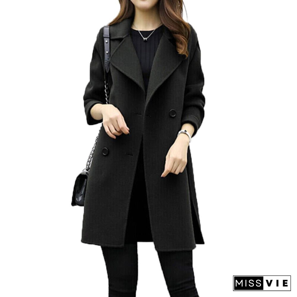 new Women Jacket Autumn Winter Solid Color Lapel Double-breasted Midi Coat Woolen Outwear Lady button-down jacket