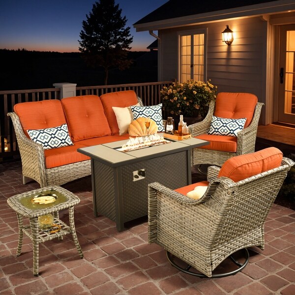 XIZZI Outdoor Rattan Wicker Patio Furniture Conversation Set with Fire Pit Table