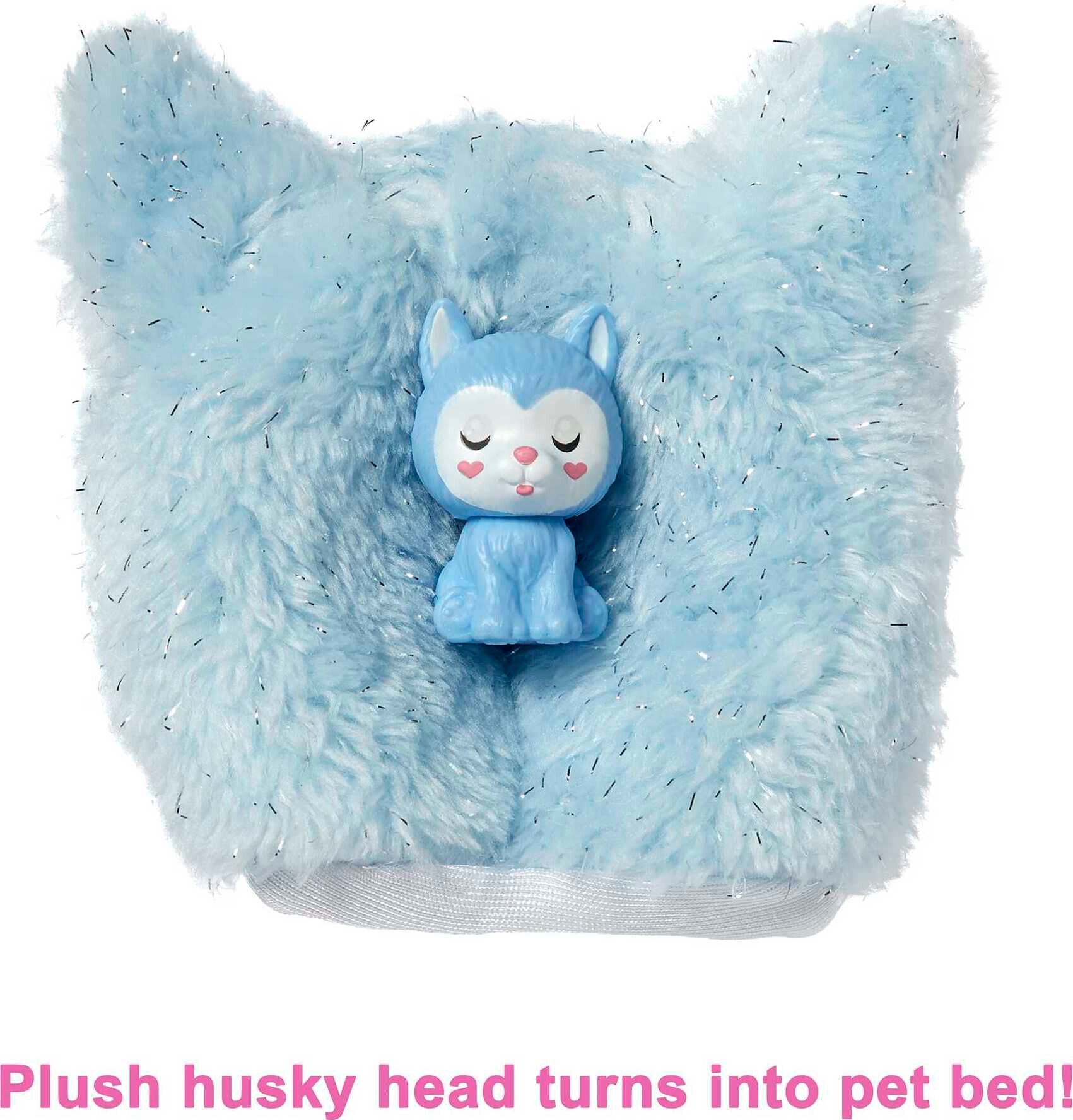 Barbie Cutie Reveal Snowflake Sparkle Fashion Doll with Husky Plush Costume, Mini Pet and Accessories