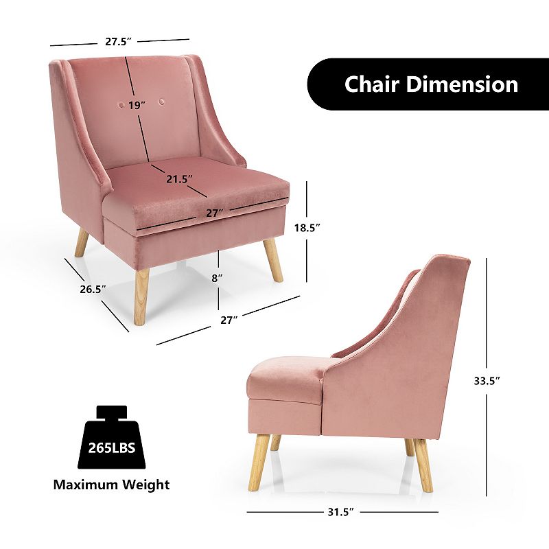 Velvet Wing Back Accent Chair with Rubber Wood Legs and Padded Seat for Living Room-Pink