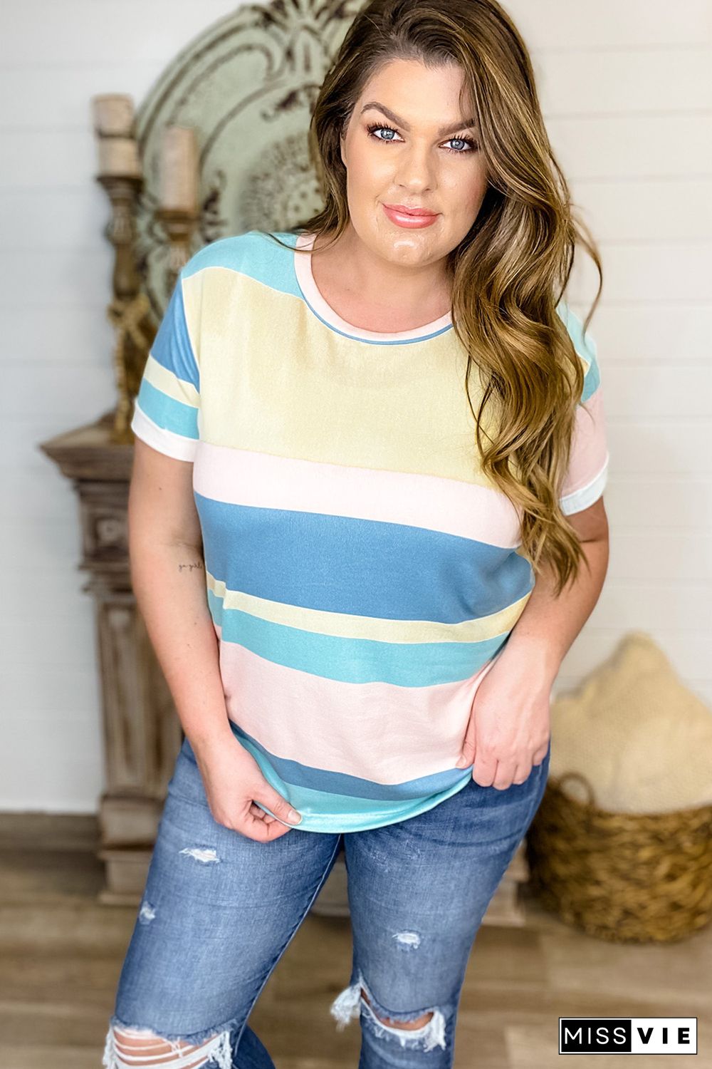 Plus Size Short Sleeve Striped Knit Top