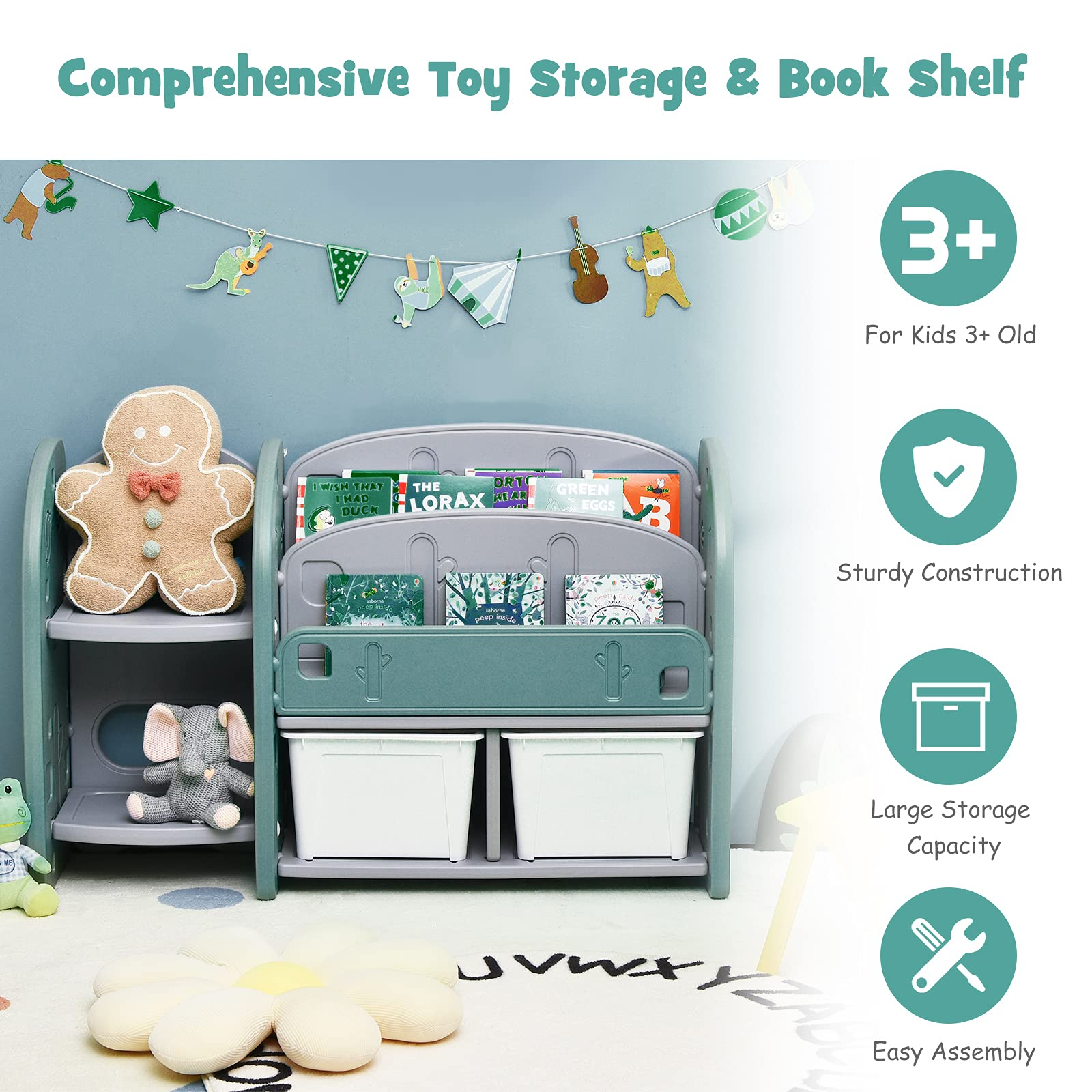 Costzon Kids Toy Storage Organizer, Toddler Bookshelf Cabinet w/ 2-Tier Bookshelf