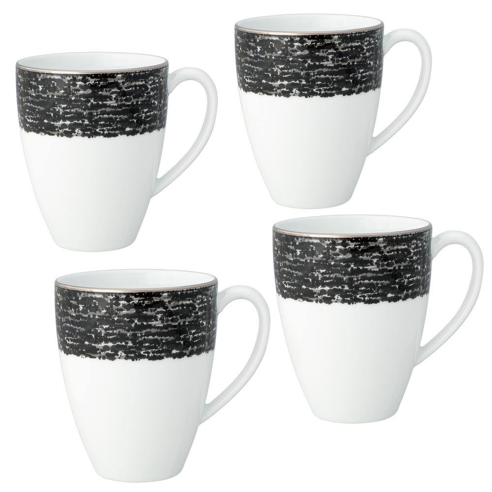 Noritake Black Rill 16 fl. oz. White Porcelain Mugs (Set of 4) 1766-484D