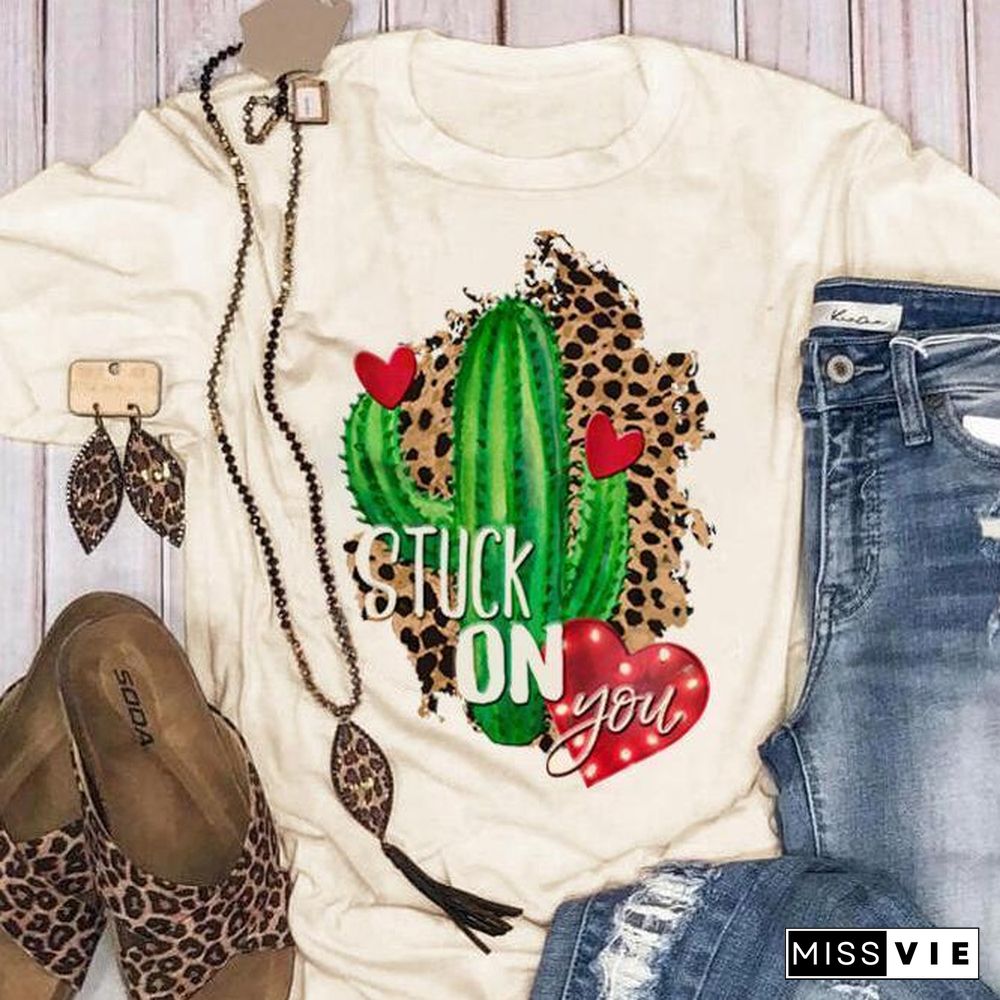 Women Cactus And Heart-Shape Pattern T-Shirt