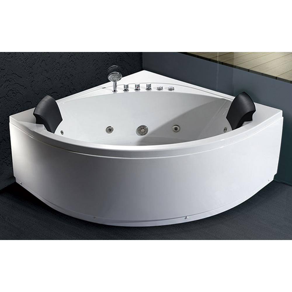 EAGO 59 in. Acrylic Offset Drain Corner Apron Front Whirlpool Bathtub in White AM200