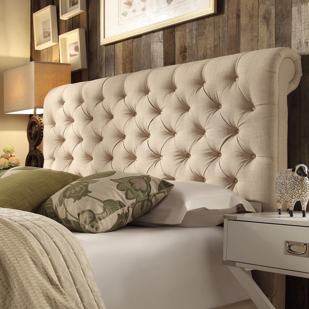 Knightsbridge Beige Linen Rolled Top Tufted Chesterfield Headboard by iNSPIRE Q Artisan