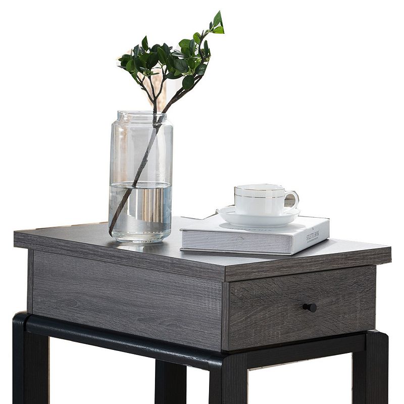 Wooden Chairside Table With Bottom Shelf， Distressed Gray And Black