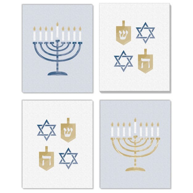 Big Dot Of Happiness Happy Hanukkah Unframed Menorah And Dreidel Chanukah Holiday Linen Paper Wall Art Set Of 4 Artisms 8 X 10 Inches