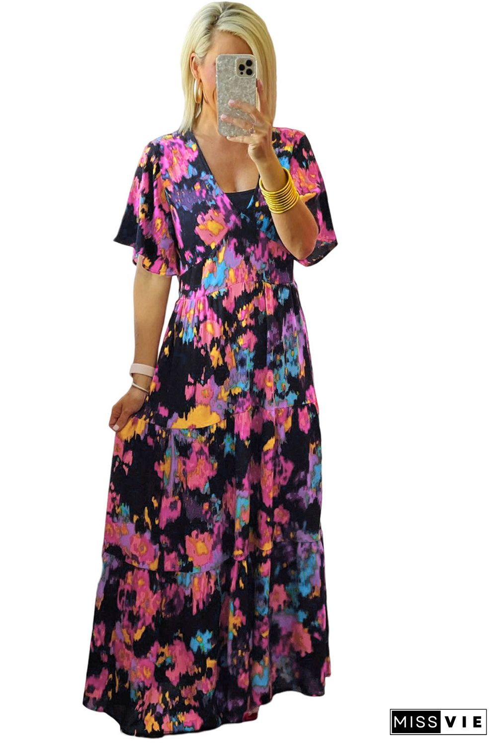 Black Abstract Floral Pattern Flutter Sleeve Tiered Maxi Dress