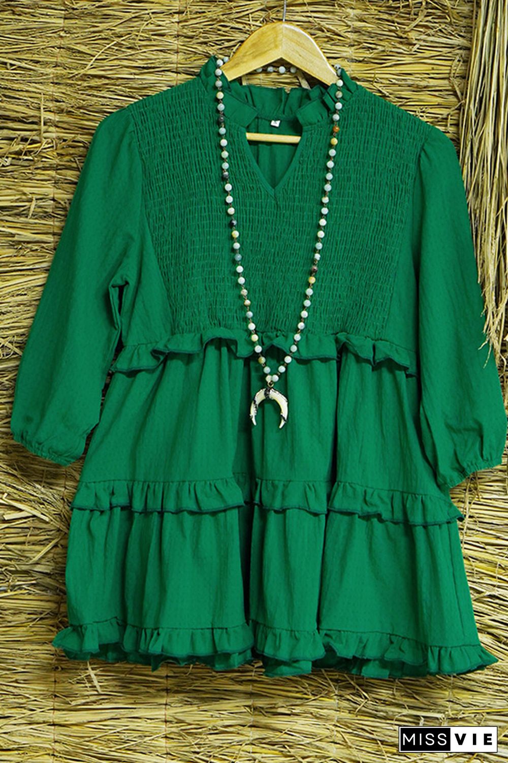 Dark Green V Neck Smocked Frilled Blouse