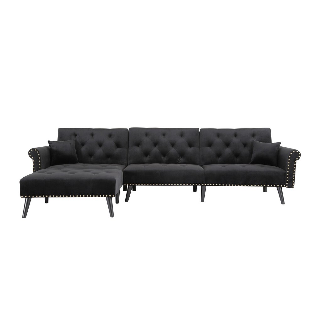 L Shape Velvet Sectional Sofa with 2 Pillows  Button Tufted Nails Convertible Sleeper