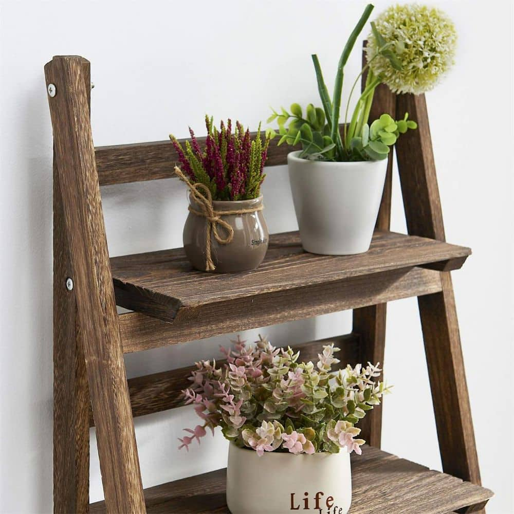 Dyiom 45 in. Outdoor Brown Foldable Ladder Shelf Patio Rustic Wood Plant Stand with Shelves (4-Tier) B07DW5N888