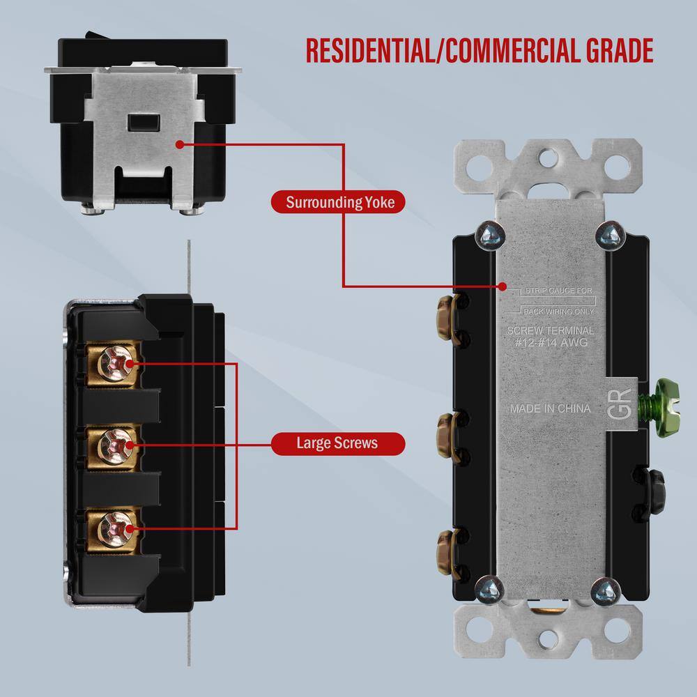 ENERLITES 15 Amp 120-Volt to 277-Volt Triple Paddle Rocker Decorator Light Switch Single Pole Residential Grade in Black (3-Pack) 62755-BK-3PCS