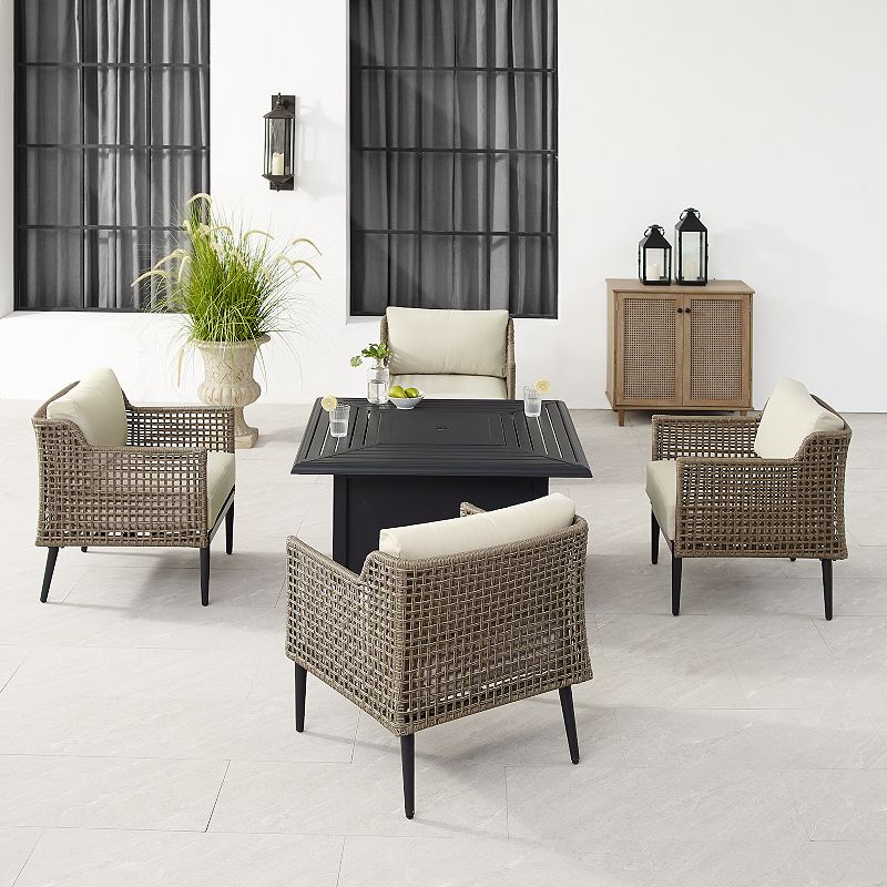 Crosley Southwick Fire Table and Wicker Arm Chair 5-piece Set