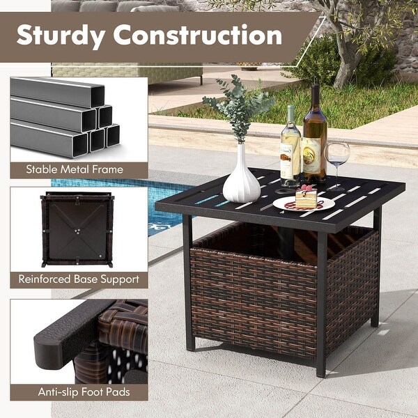 Costway Brown Rattan Wicker Steel Side Table Outdoor Furniture Deck