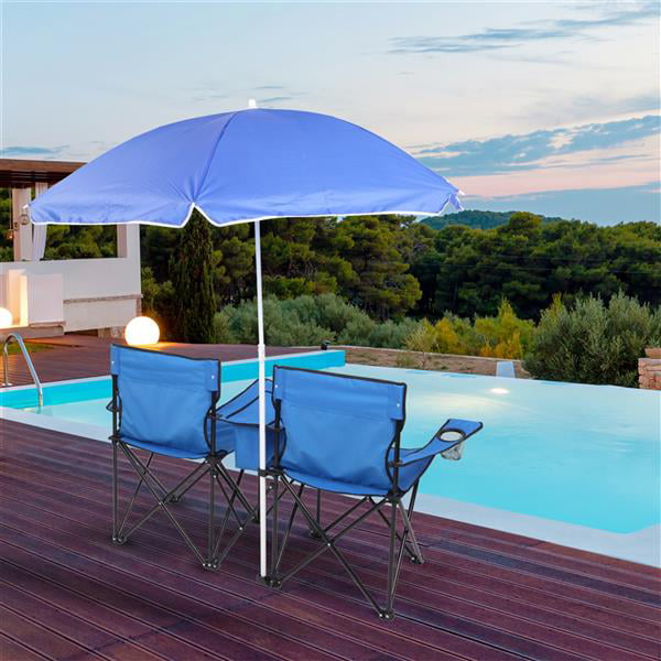 Donepart  Folding Beach Chair andSun Umbrella Summer Chair  2-Seat Chair Blue Outdoor