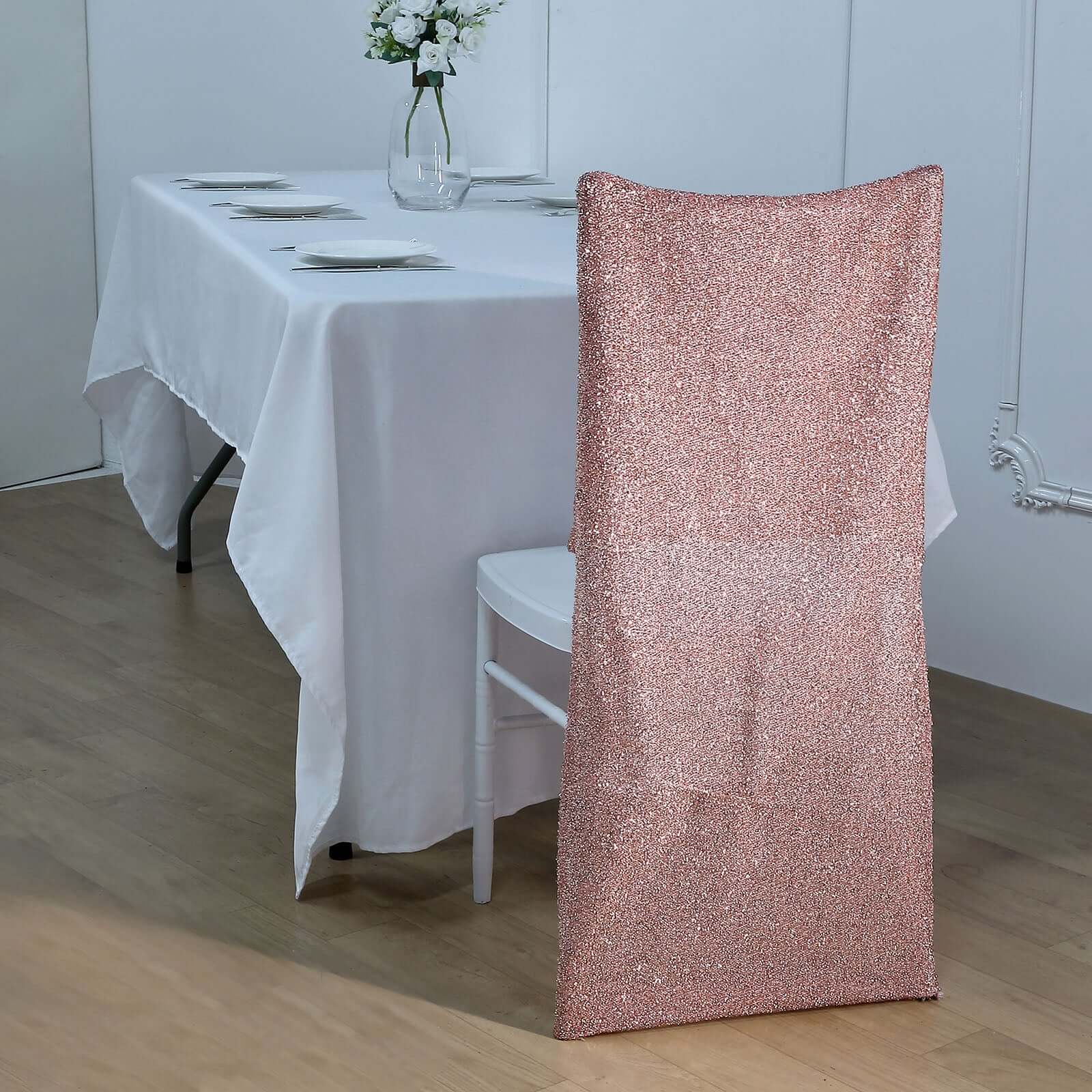 Rose Gold Metallic Shimmer Tinsel Spandex Stretch Chair Slipcover