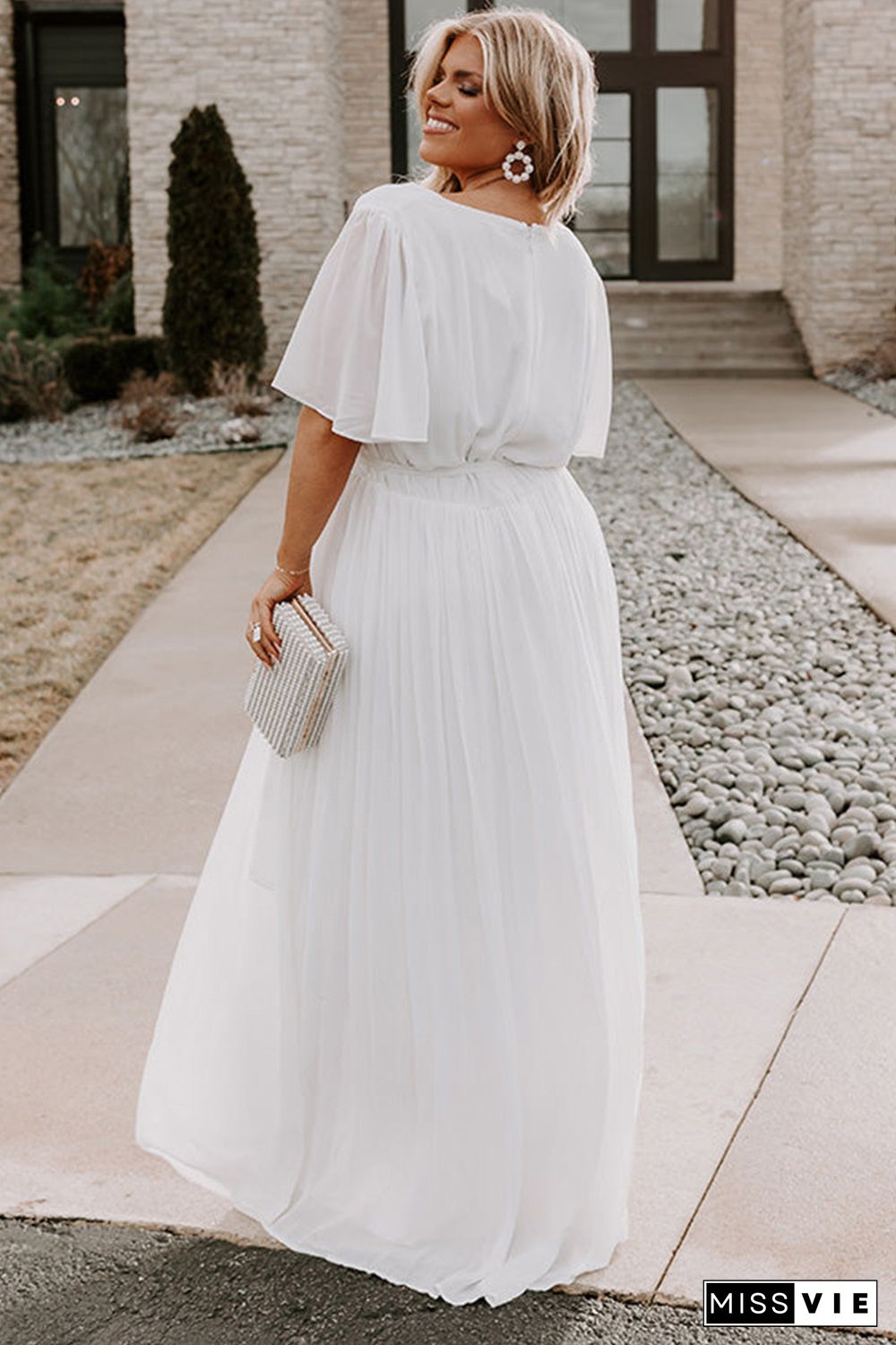 White Wrap V Neck Belted Plus Size Flowy Maxi Dress