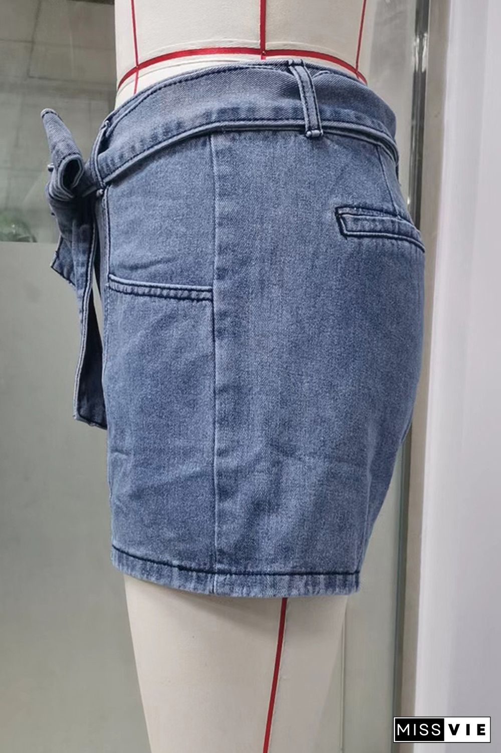 Blue Wash Pockets Denim Shorts With Sash