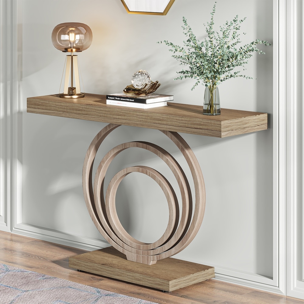 41 Inch Faux Marble White Console Table with Gold Ring Base