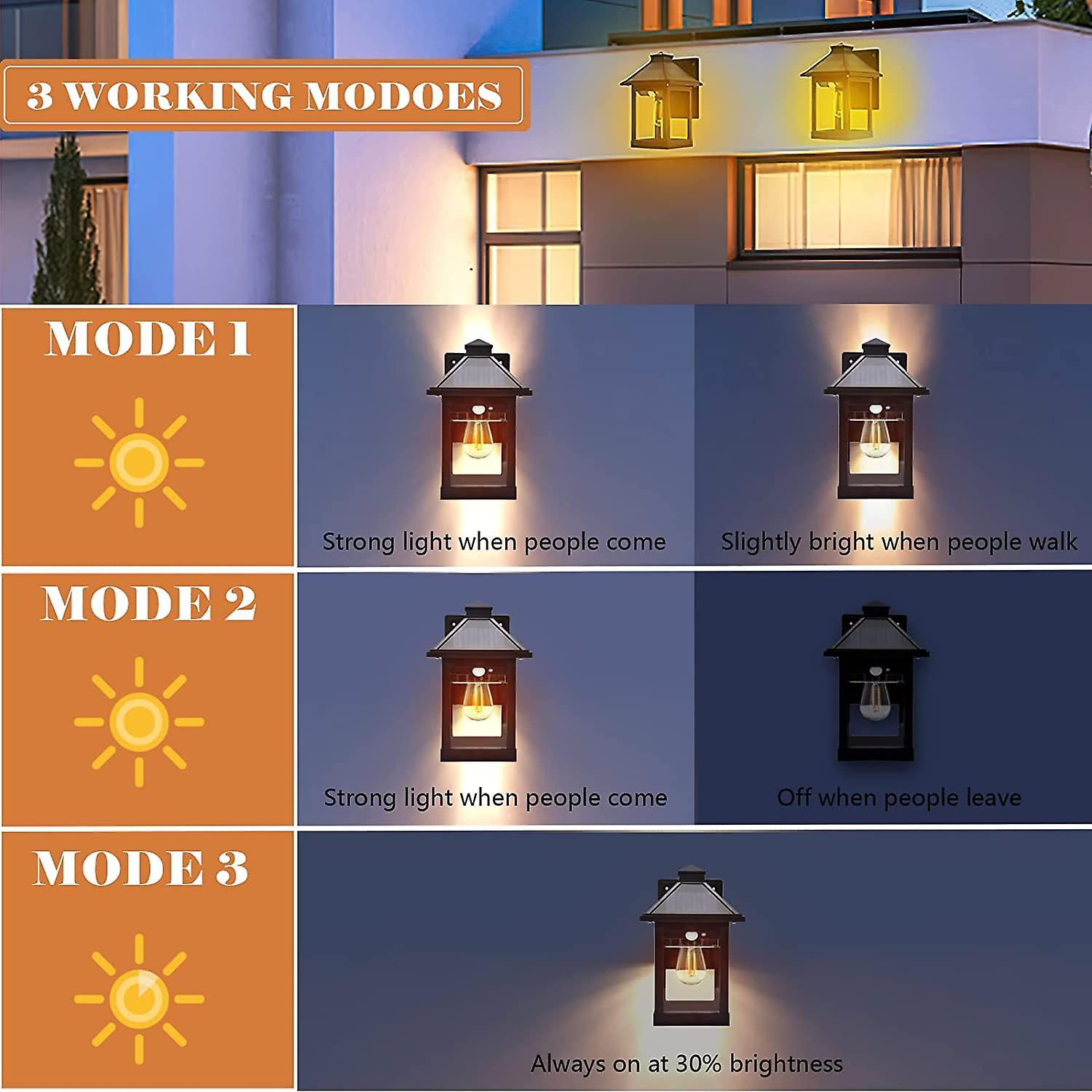 Dexusay 2 Pack Solar Wall Lanterns Outdoor With 3 Modes， Wireless Dusk To . . Sensor Led Sconce Lights Ip65 Waterproof， Exterior Front Porch Security