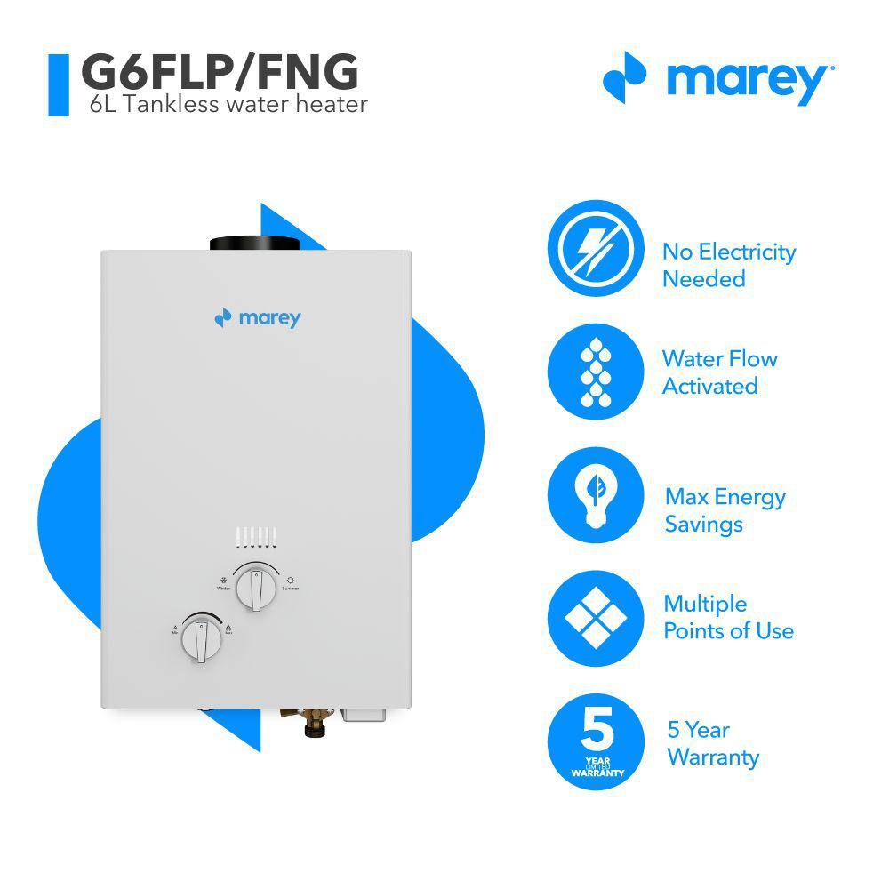 MAREY Flow 1.58 GPM 42000 BTU's Liquid Propane Gas Flow Activated Gas Tankless Water Heater G6FLP