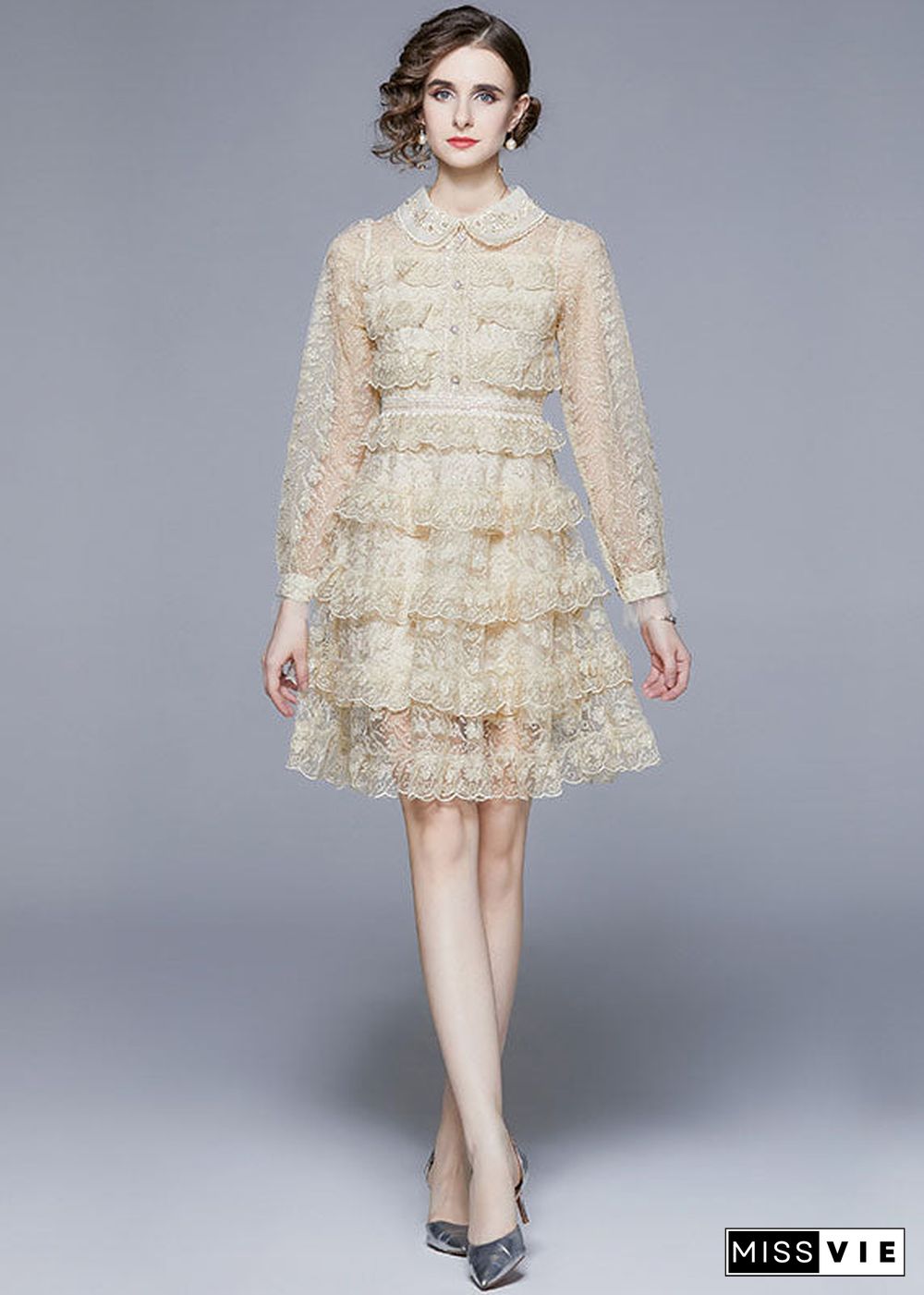 Beige Tulle Holiday Dress Peter Pan Collar Layered Ruffles Long Sleeve