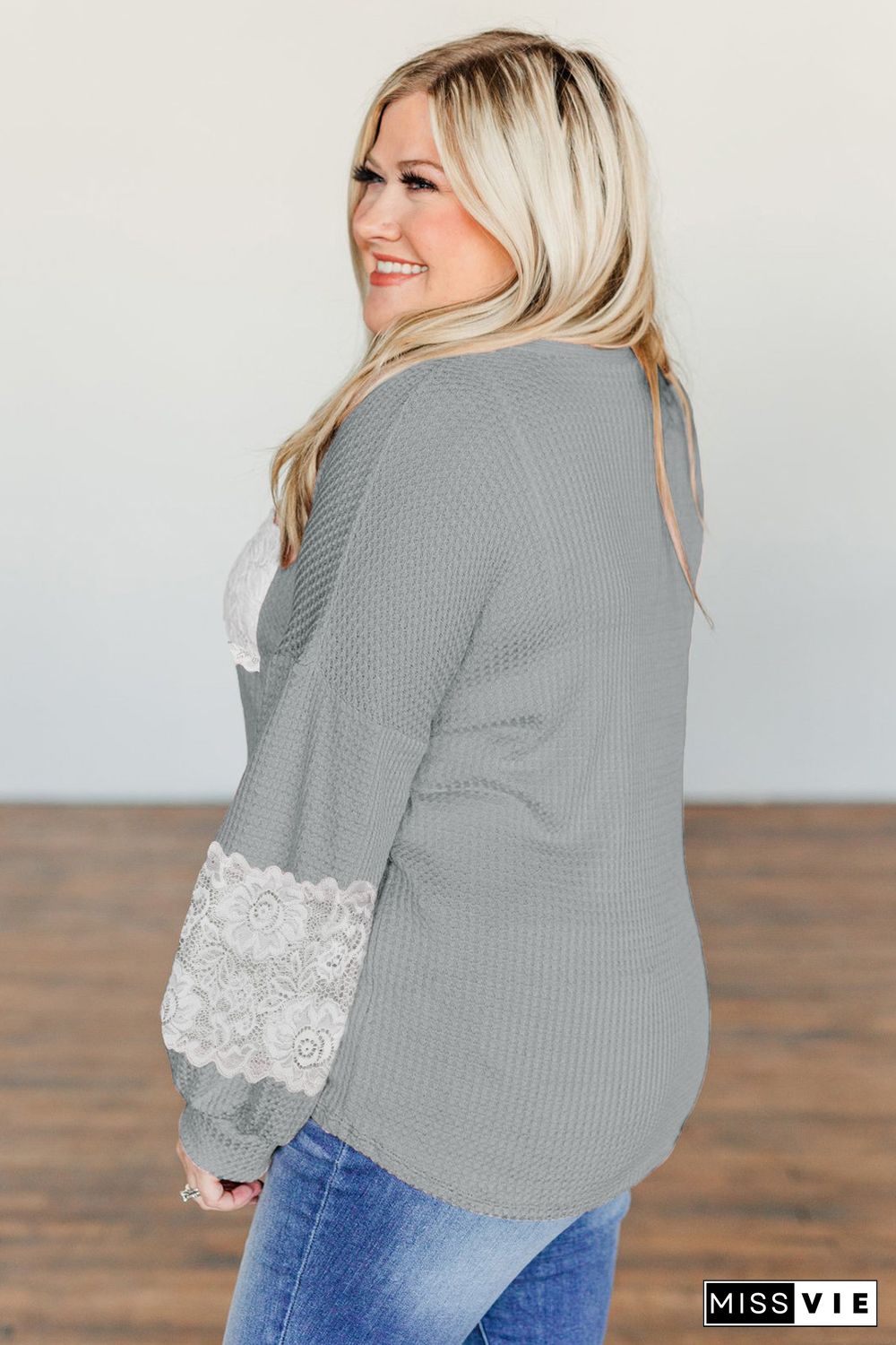 Gray Lace Patchwork Waffle Knit Plus Size Blouse