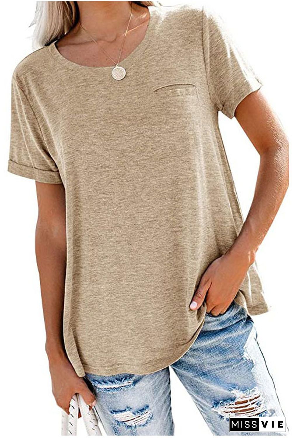 Khaki Round Neck Pocket T-shirts