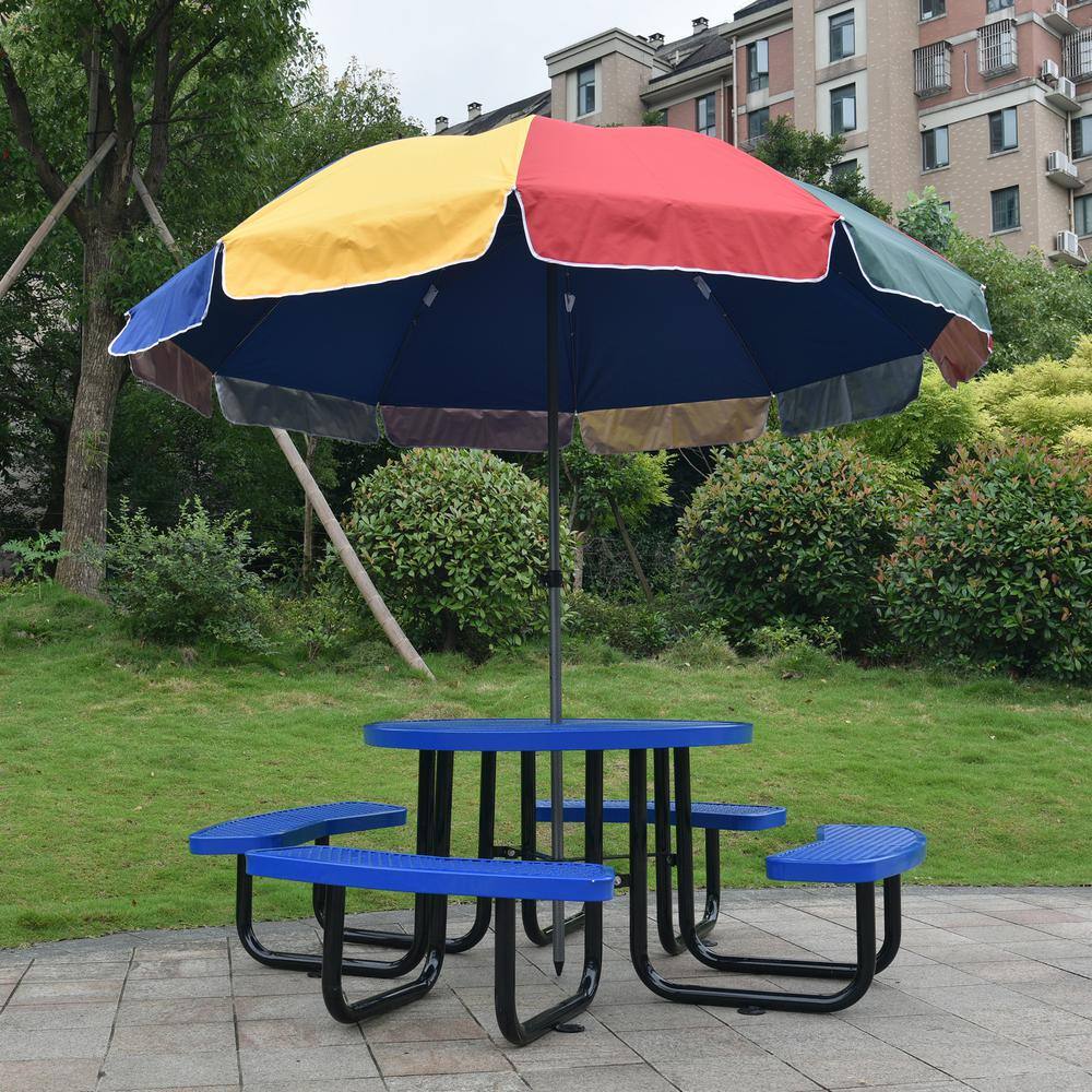 Afoxsos Blue Round Outdoor Steel Picnic Table Dining Table 46 in. with Umbrella Pole DJMX999