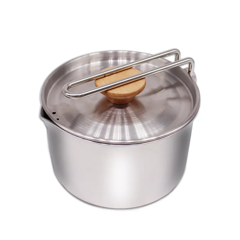 Stainless Steel 1.2L Portable Wood Handle Bushcraft Outdoor Cooking Pot Cookware for Survival