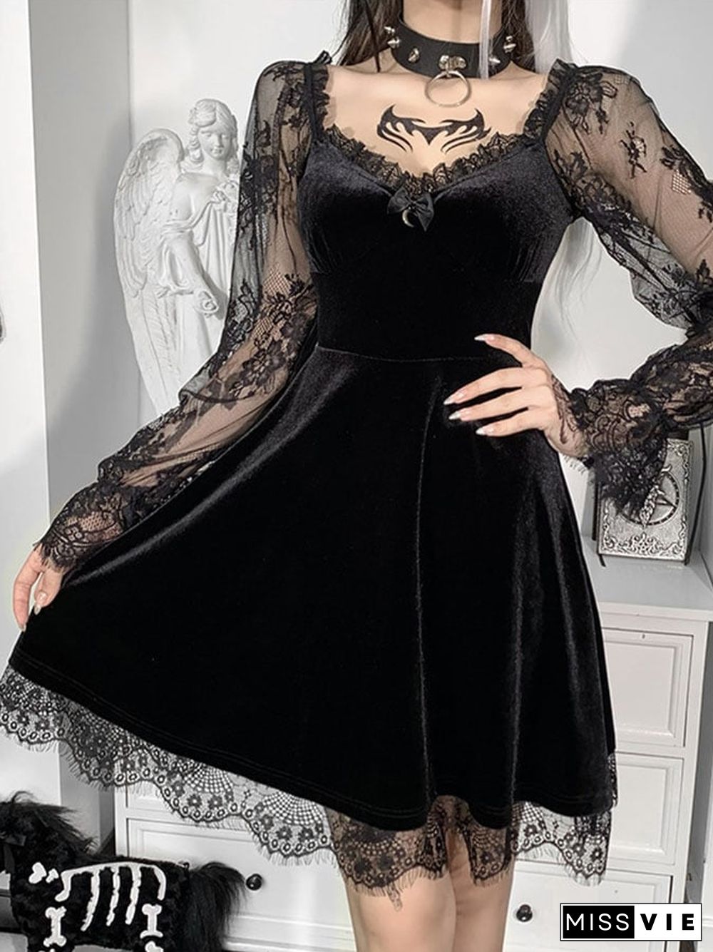 Sexy Lace Panel Flared Long Sleeve Dress