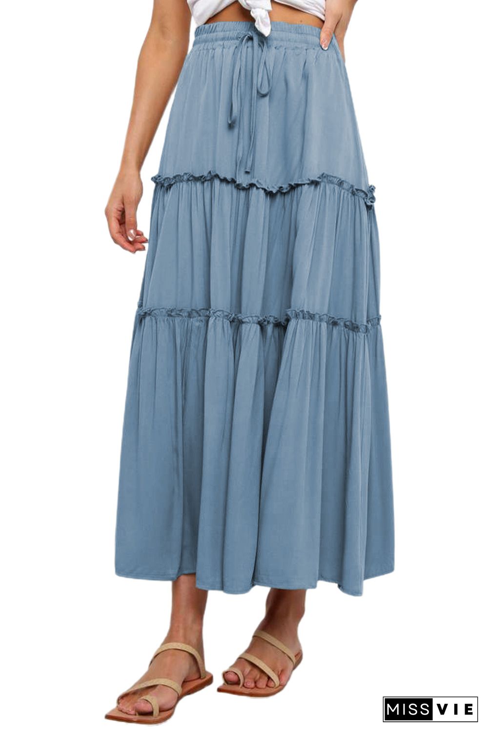 Blue Solid Layered Ruffled Drawstring High Waist Maxi Skirt