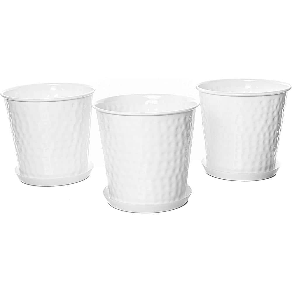 Monarch Abode Monarch Hand Hammered Classic White Flower Succulent Pots Planter with Drainage Hole (Set of 3) 20010