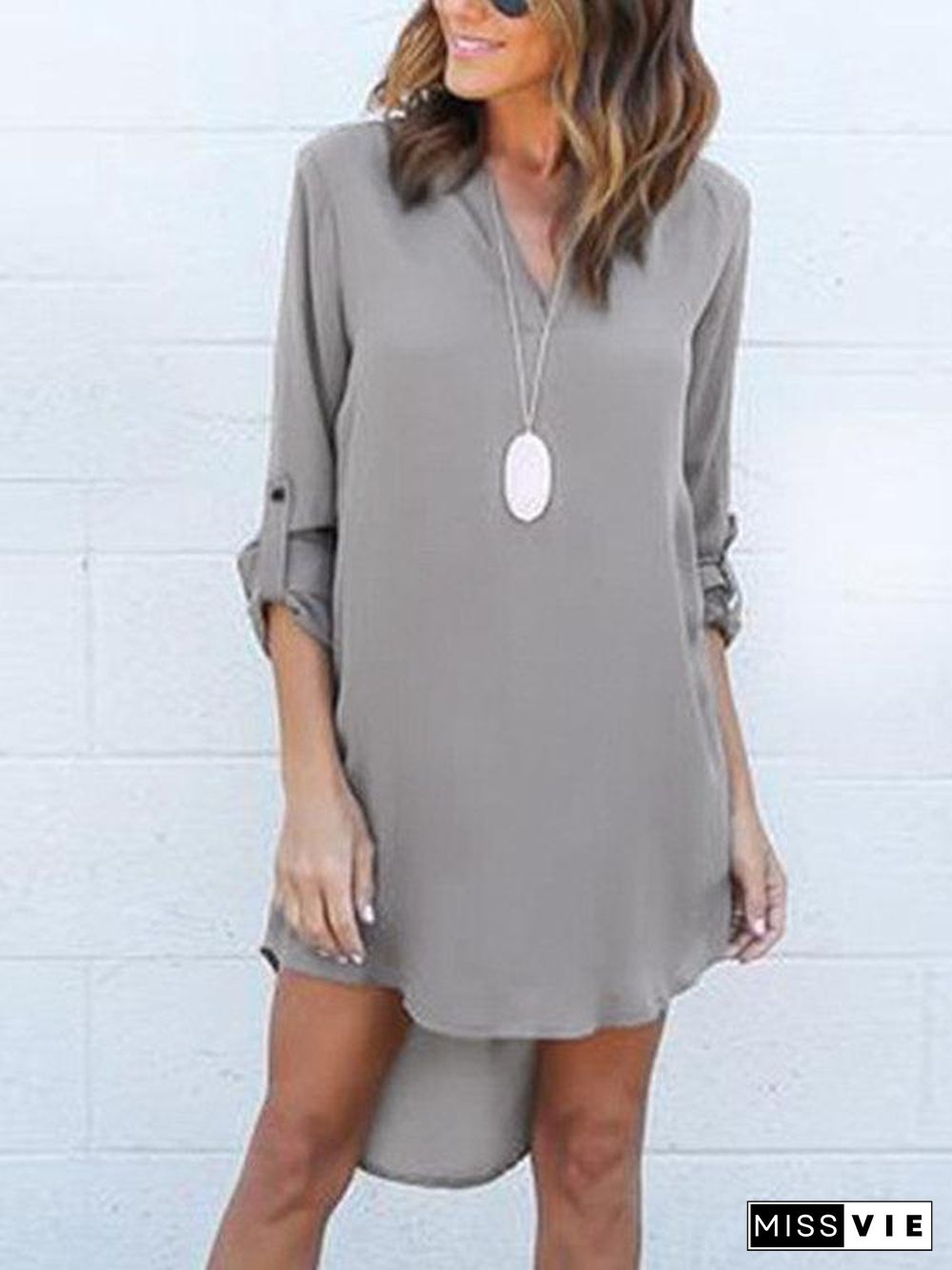 Grey V-Neck Long Sleeves Irregular Hem Chiffon Dress