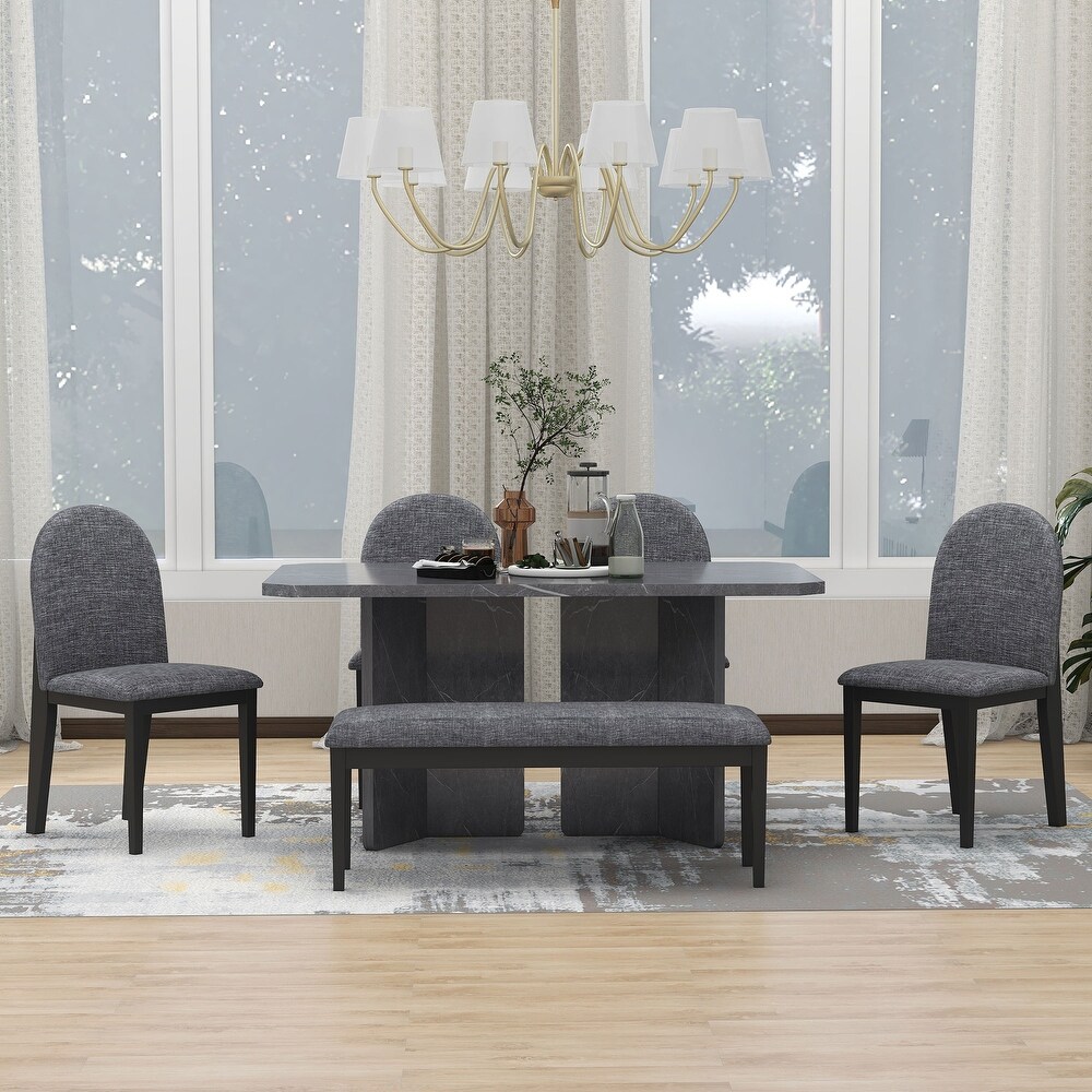 Rectangular Marble Texture Table and 4 Upholstered Dining Chairs1 Bench for Dining Room  6 Piece Modern Dining Table Set