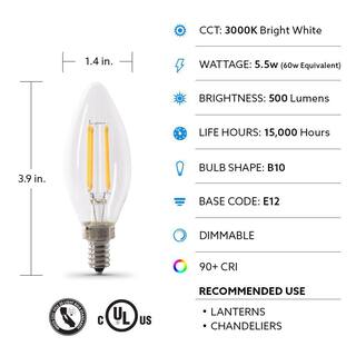 Feit Electric 60-Watt Equivalent B10 E12 Candelabra Dimmable Filament CEC Clear Glass Chandelier LED Light Bulb Bright White (4-Pack) BPCTC60930CAFIL4