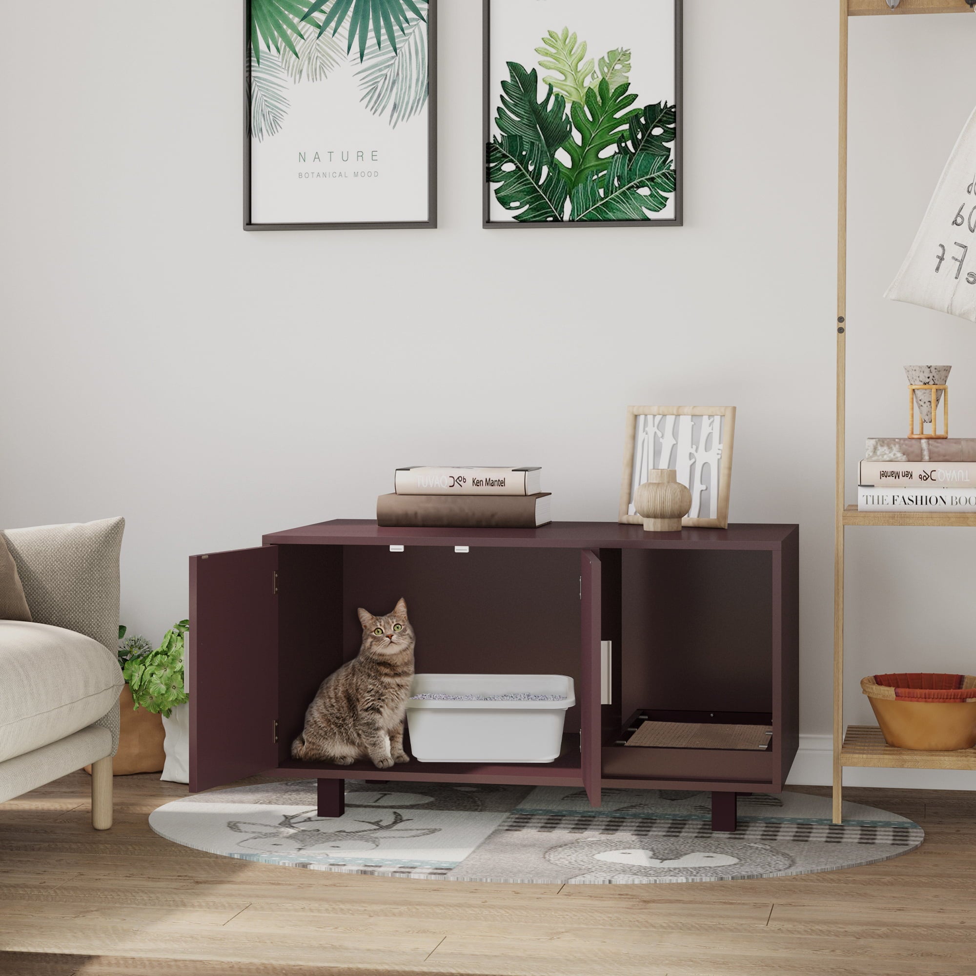 PawHut Cat Litter Box Enclosure and House w/ Nightstand/End Table Design， Brown