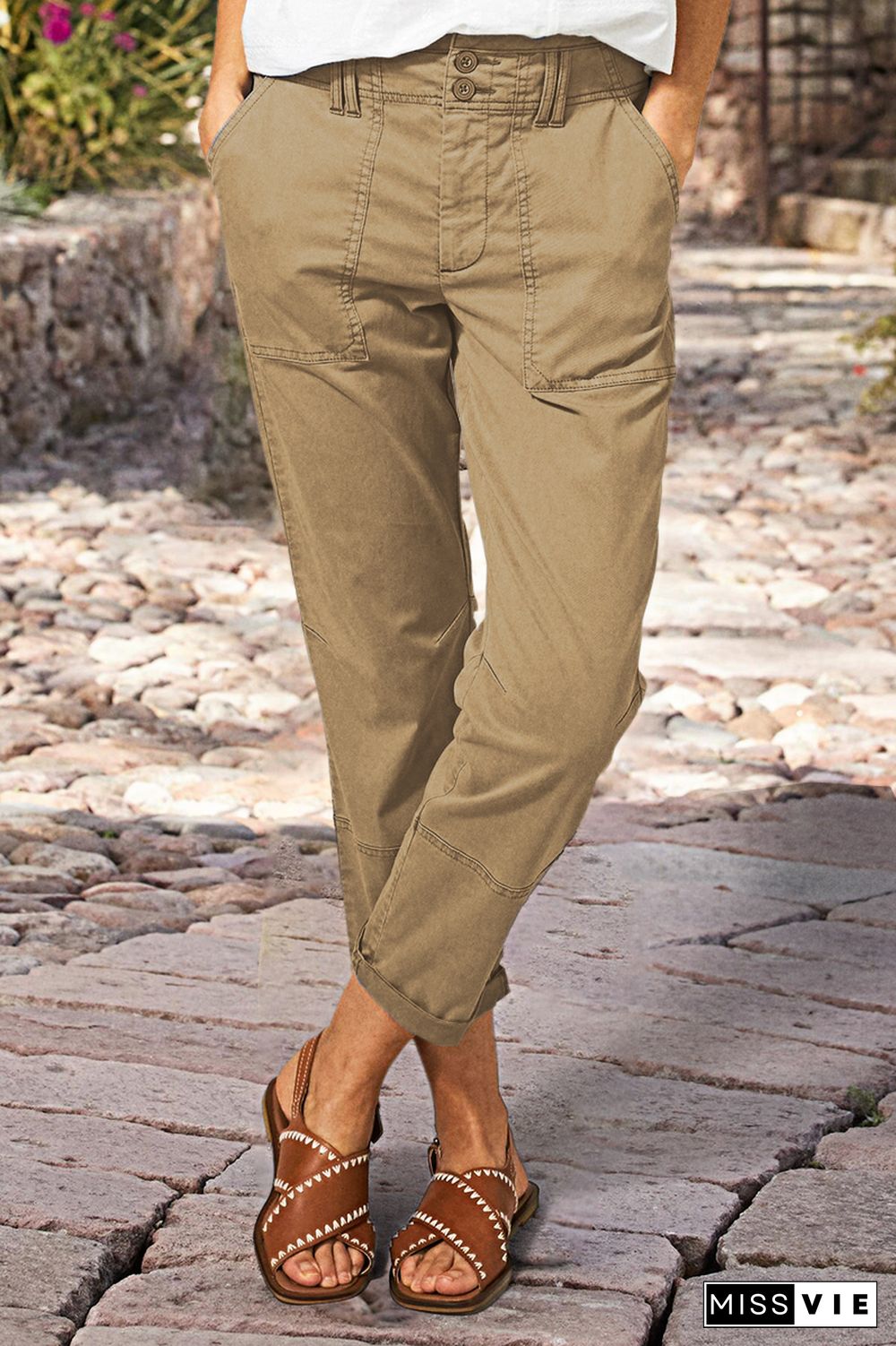 Double Button Mid Waist Straight Leg Pants